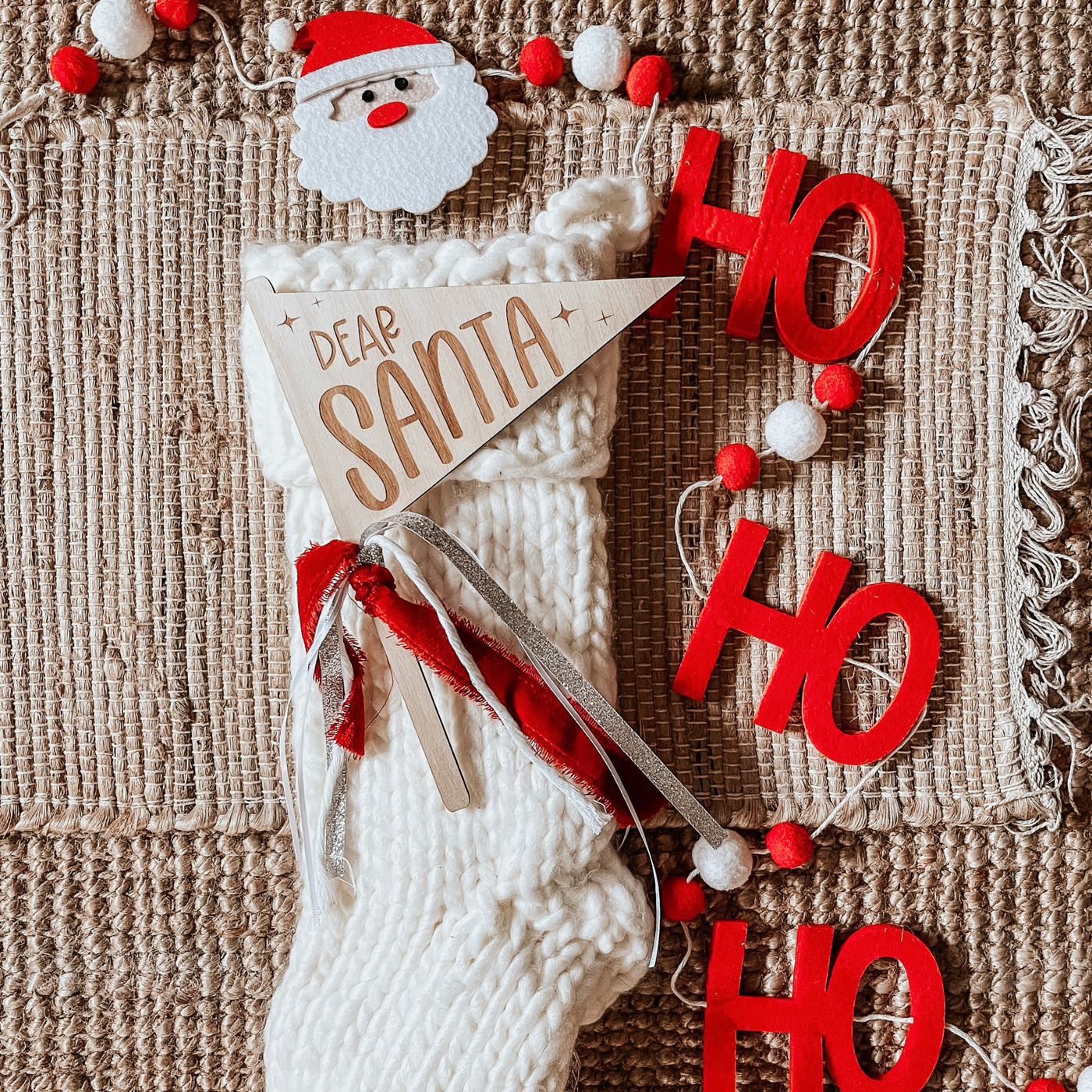 Wooden Christmas Dear Santa Pennant with Red, White and Silver ribbon