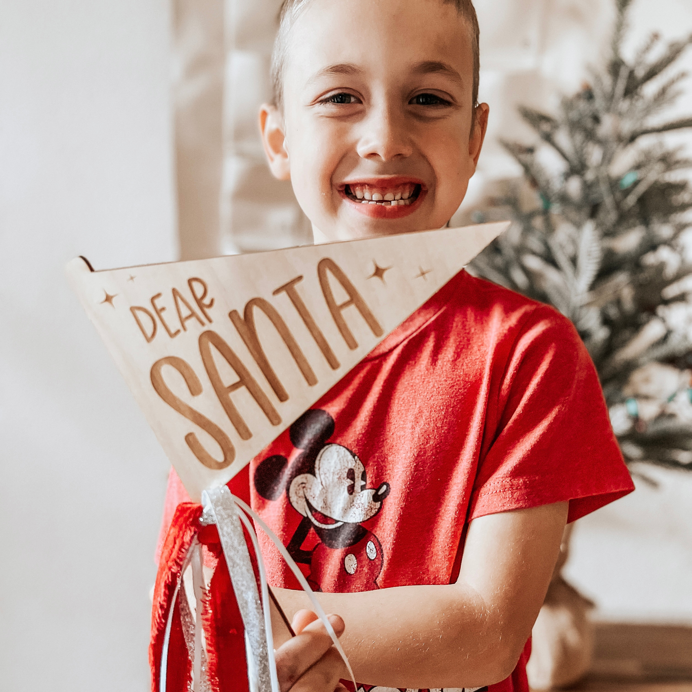 Wooden Christmas Dear Santa Pennant with Red, White and Silver ribbon