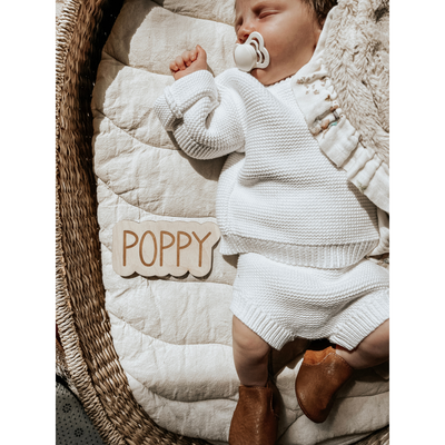 Photo of a newborn laying in a basket with a personalized name sign that says Poppy