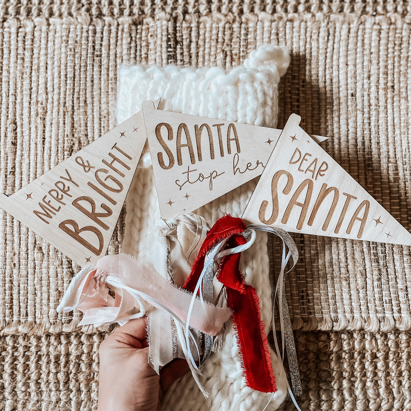 Wooden Christmas Pennant Decor with festive ribbon