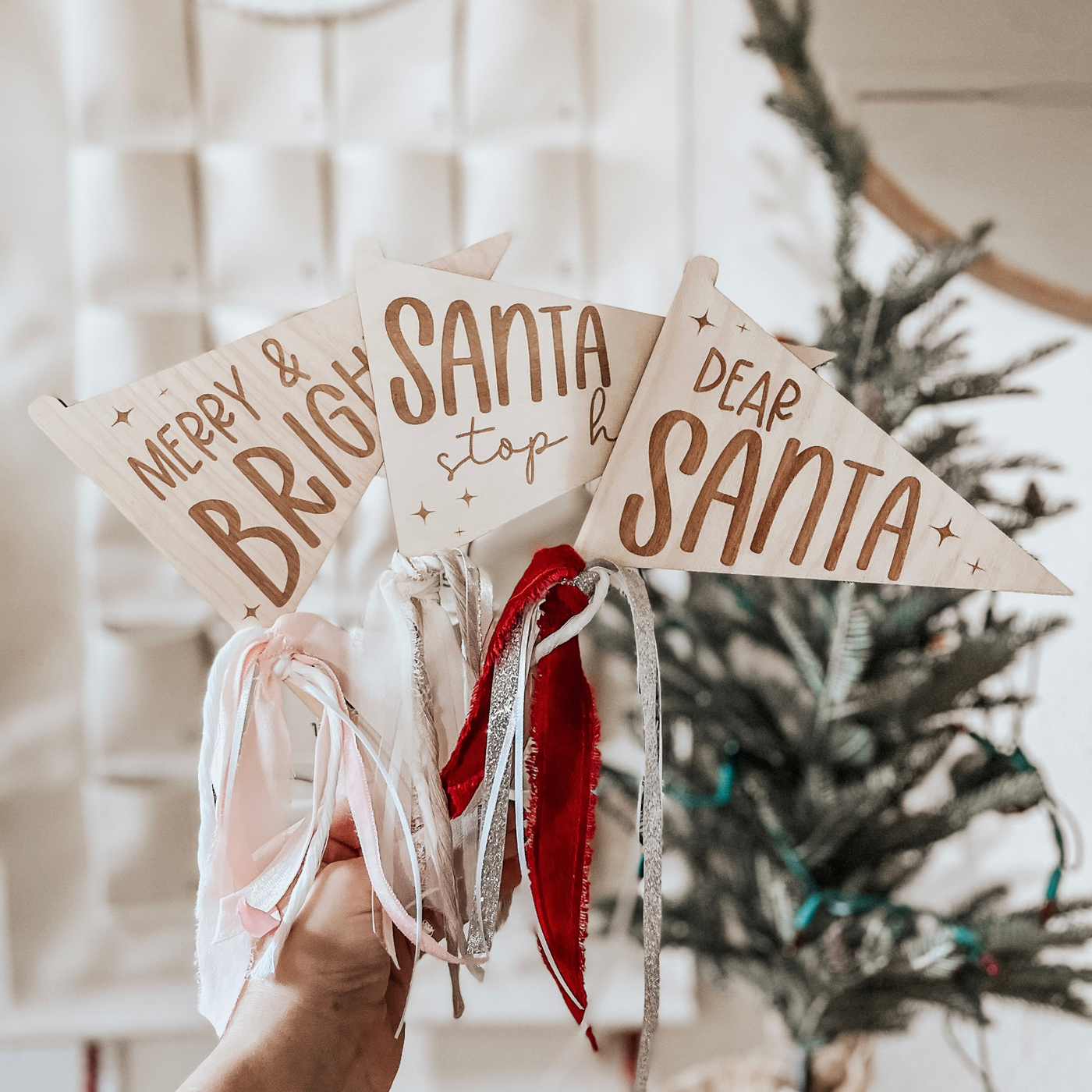 Wooden Christmas pennant with Red, White and Silver ribbon