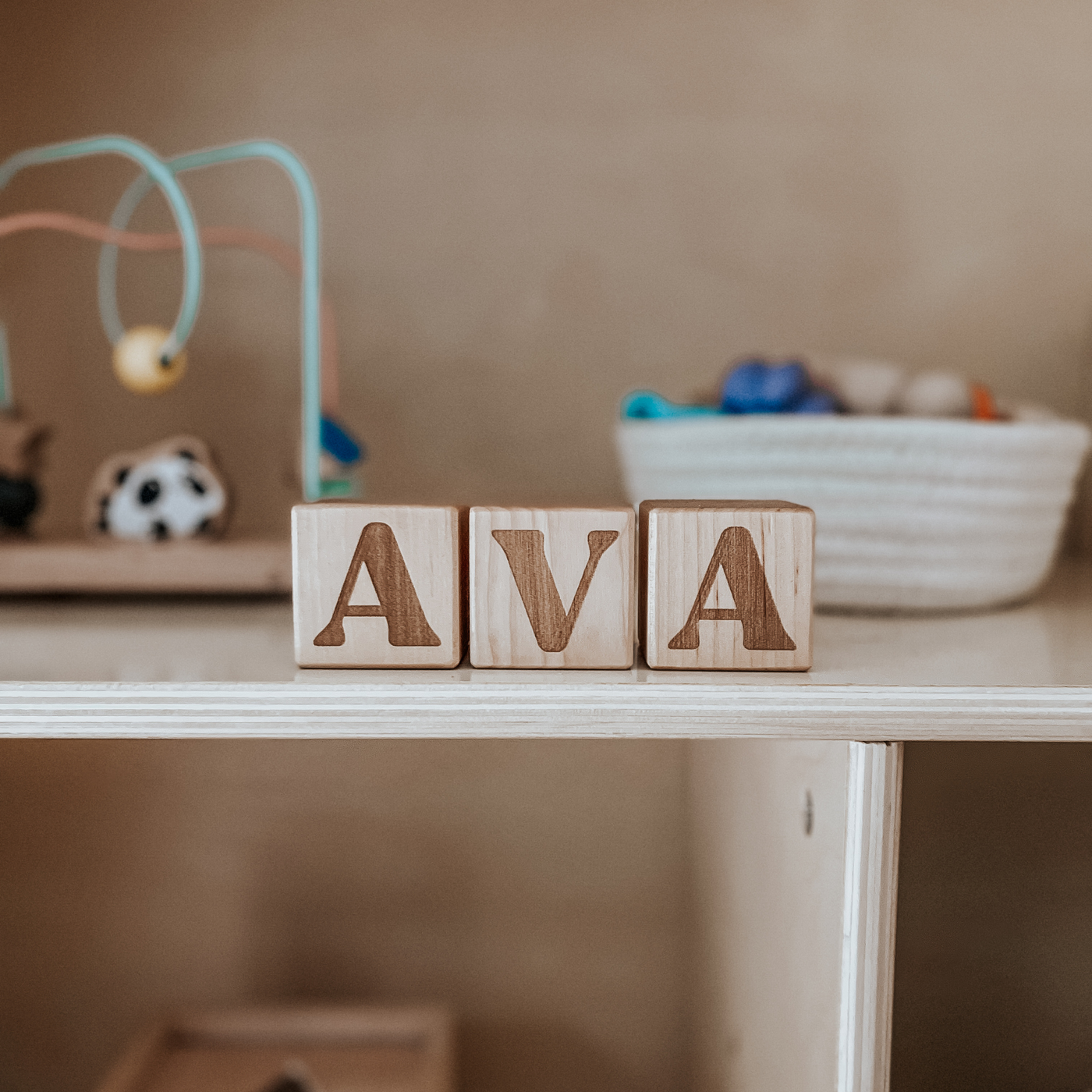 Wooden toddler blocks for playroom shelf