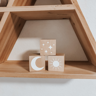 3 wooden block set decor,  includes star, moon and sun