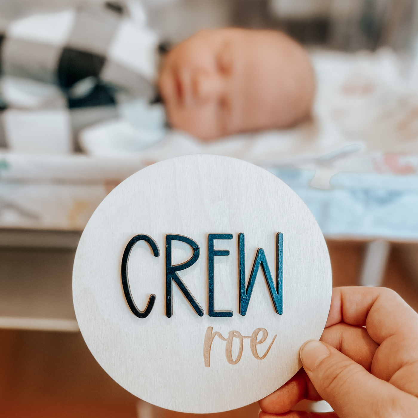 Wooden circle name plaque for newborn hospital photography